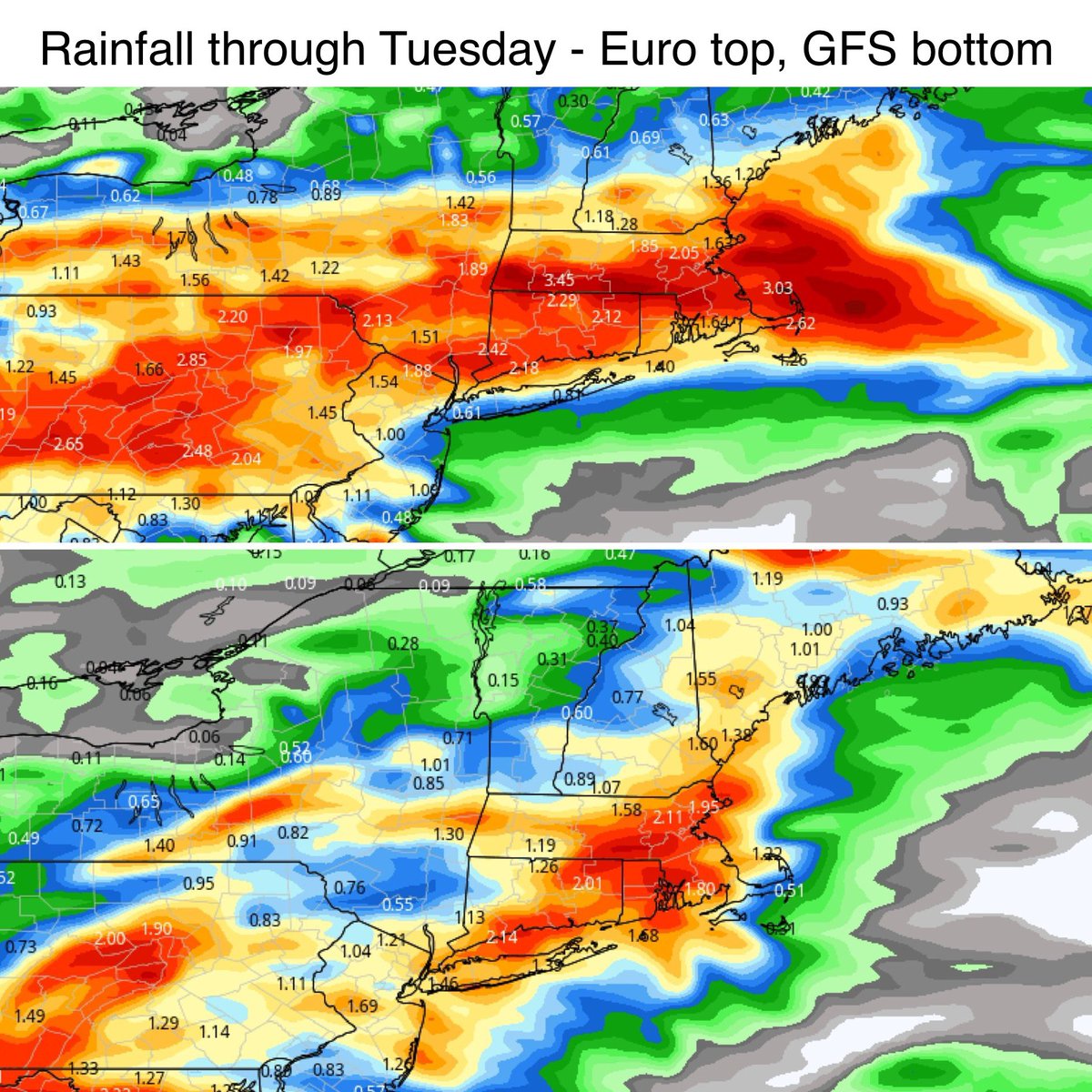 Eweather13's tweet photo. Modeling has trended quite wet. Rainfall through Tuesday shown. Low pressure may form along the stalled front enhancing the rainfall. Labor Day not looking great. Doesn’t rain all the time but it looks fairly wet. https://t.co/aEJBPPhKHF