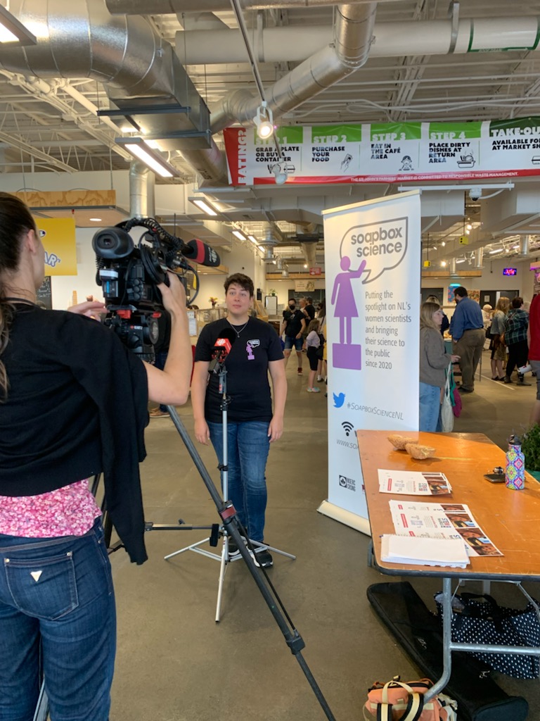 SoapboxSciNL's tweet photo. Thanks to @CBCNL Here & Now for covering #SoapboxScienceNL! Organizer @sarah_sauve talks about why @SoapboxScience and the success of the event here locally. Speakers share about their research! https://t.co/352zTKL0N8