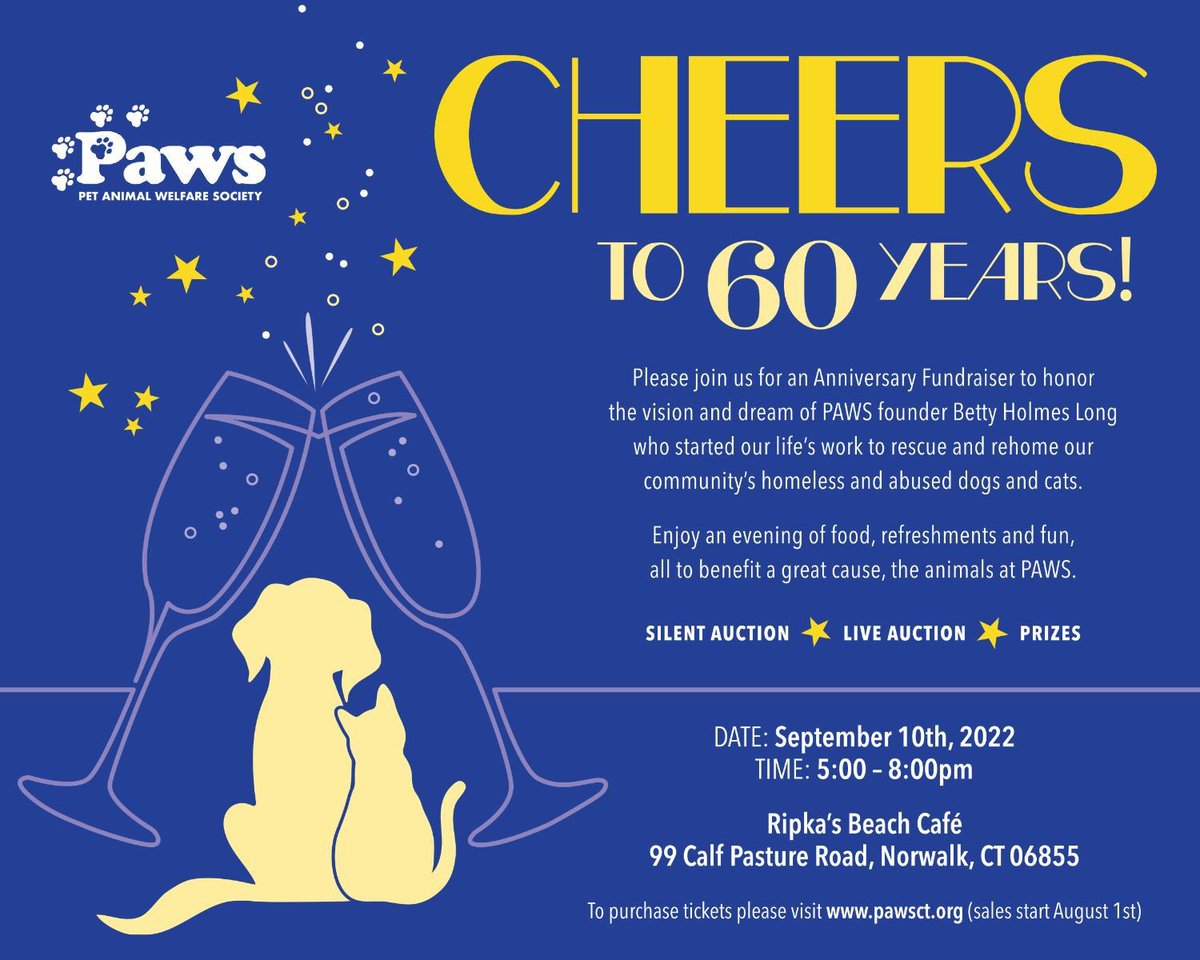 Please join me next week for a fun time to help our four legged friends who need a home and to celebrate 60 years of <a href="/PAWSCT/">PAWS of Norwalk, CT</a>. Good food and silent auction items. I’ll be your bartender for the first hour and look forward to seeing everyone!
Tickets here: pawsct.salsalabs.org/Cheersto60Year…