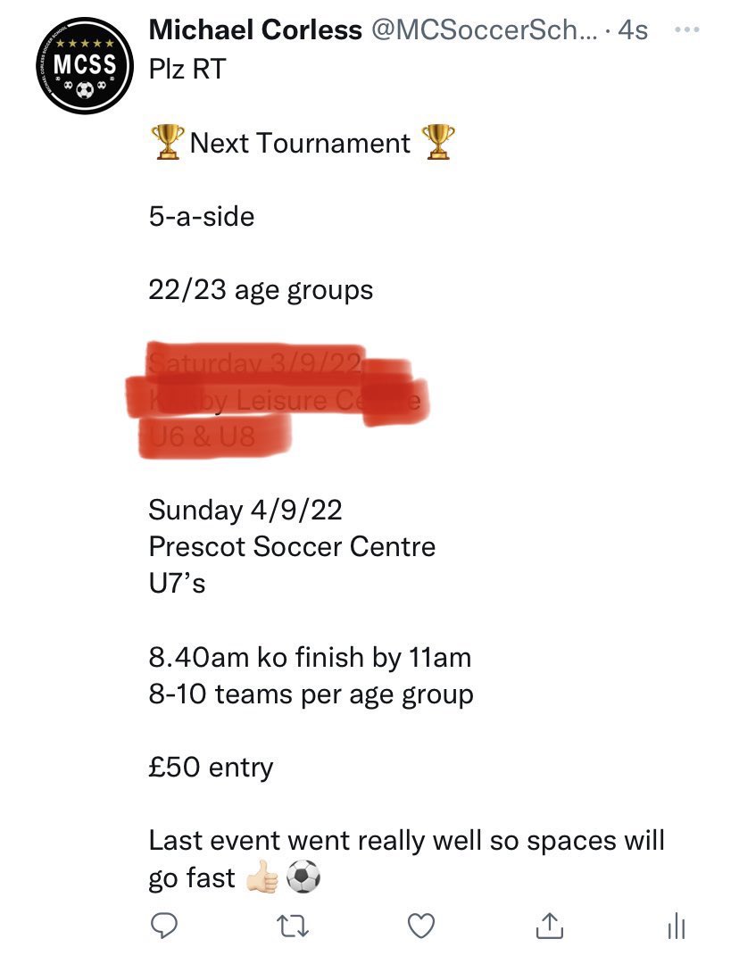 MCSoccerSchools's tweet photo. Plz RT ASAP.

Need 1 more team for our tournament tomorrow morning.

Just had a late drop out and space needs filling.

U7 22/23 season
8.40-11am
Prescot Soccer Centre 

⚽️👍🏻 https://t.co/7dppjIssaL
