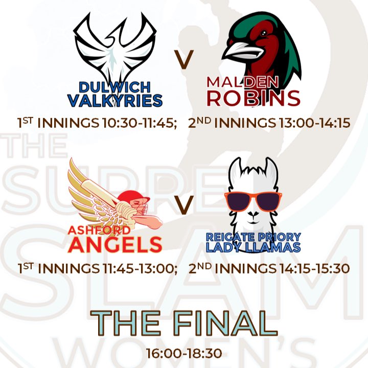 WOMEN’S CUP

It’s #SurreySlam Women’s Finals’ Day at <a href="/HorsleyCC/">Horsley and Send CC</a> tomorrow and here’s how The Cup will conclude with a staggered format.

The free digital programme is now available to download at slamcricket.co.uk/programme