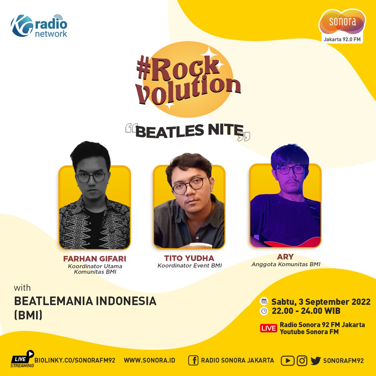 SonoraFM92's tweet photo. The Beatles jadi panutan &amp; punya banyak penggemar fanatik.Di Indonesia ada BeatleMania Indonesia @beatle_INA 

Yuk Simak obrolan brg mereka dlm #ROCKVOLUTION 

🗓 Sabtu,3 Sept 2022
🕙 22.00-24.00
📍On Air: #SonoraNetwork 
📍Youtube: Sonora FM 
📍Streaming: https://t.co/qrqTCnew4Y https://t.co/aW1mZYy6K6
