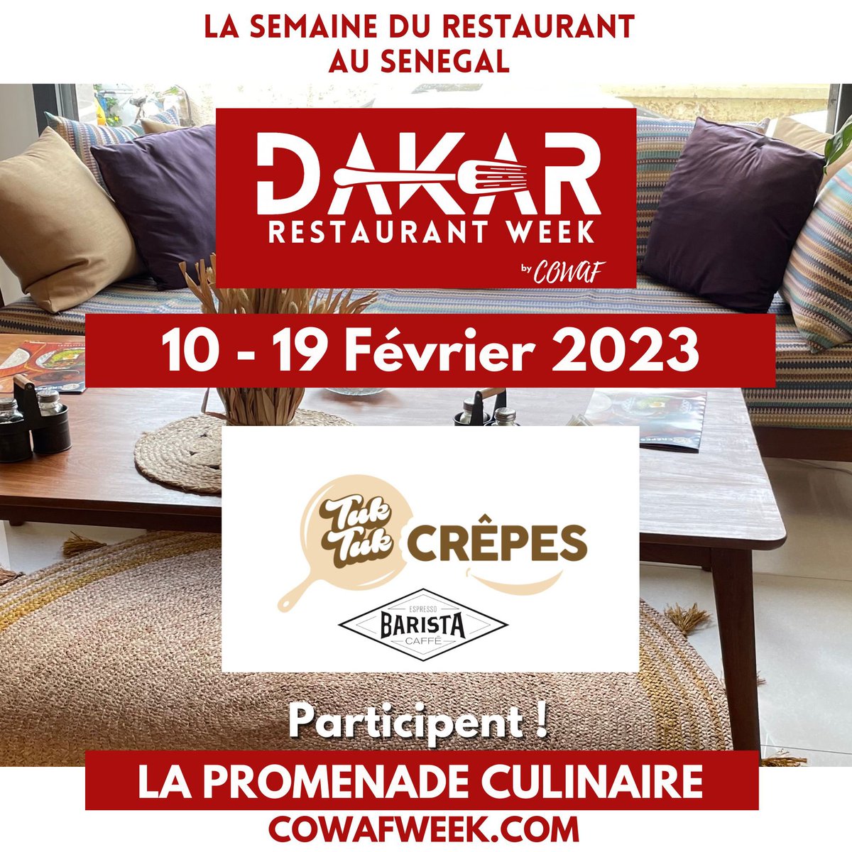 cowaf_week's tweet photo. Retrouvez bientôt @tuktuk_crepes &amp; @baristadkr sur la liste des inscrits au Dakar Restaurant Week by COWAF 2023 !

Faites vous aussi parti de la liste des restaurants en nous contactant dès aujourd’hui !

#dakarrestaurantweek2023
#cowaf #cowafweek
#thies 
#cowafevents https://t.co/RLBFnNrElh