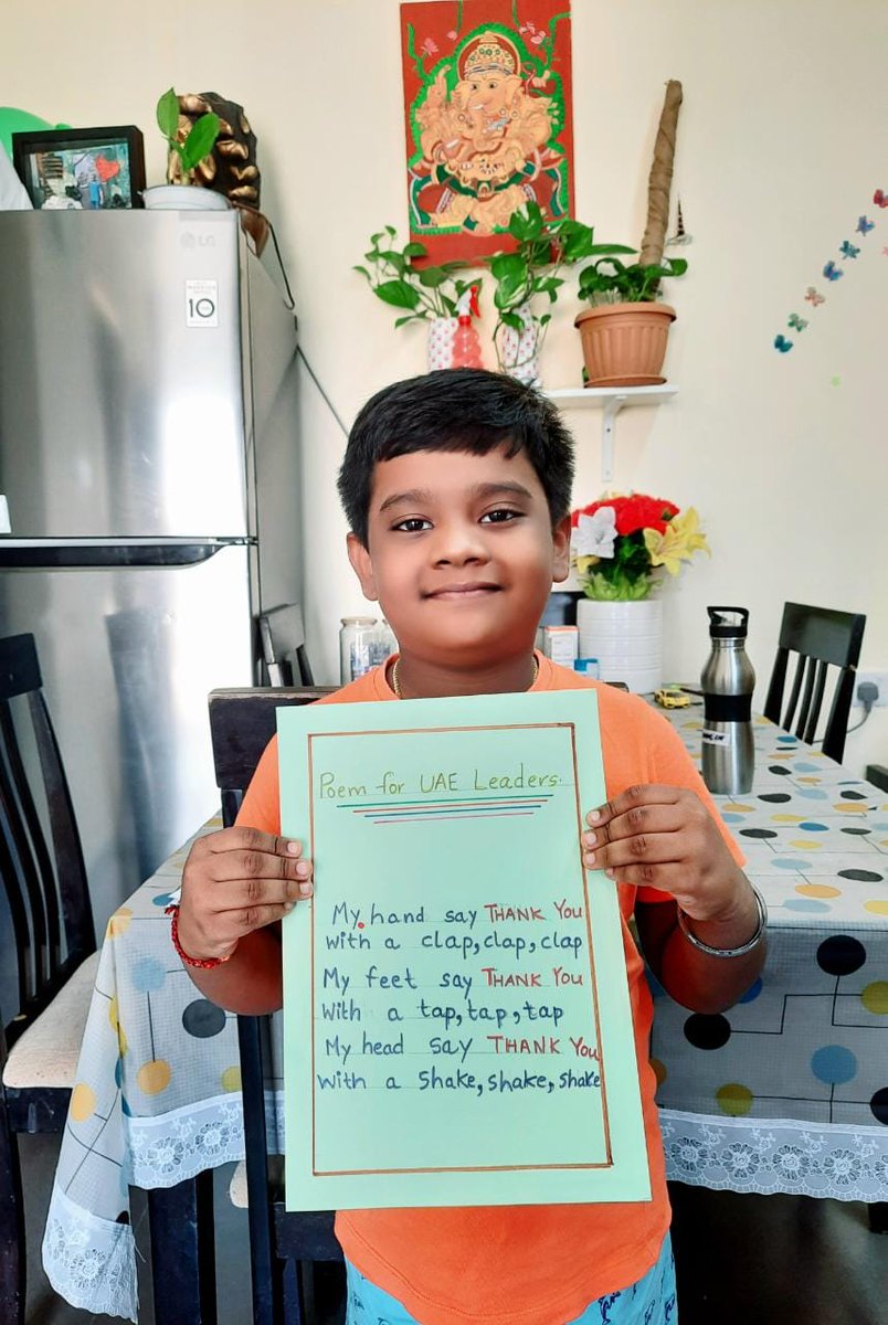 rahela_s's tweet photo. # Gratitude task
Hridaan wrote a poem to our UAE leaders...
#StrongSchools
 #BestSchoolPrize
 #T4Edu
#MOEUAE #ADEK 
 @ShiningStarSchl
 @T4EduC @MOEUAEofficial @ADEK_tweet https://t.co/M3ztUQ09aQ