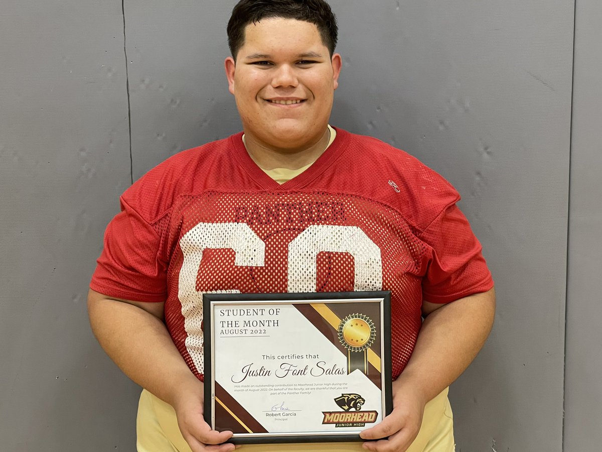 Congrats to Justin Font Salas (8th grade) on being named August 2022 Student of the Month! Justin brings a positive attitude to everything he does and is a great example of what a Moorhead Panther is! Glad to have him on this #FAMILY