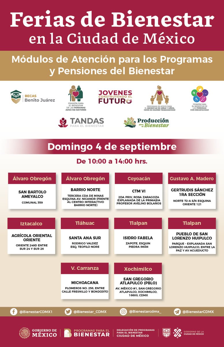 FanyCorreaG's tweet photo. De martes a domingo acercamos los Programas para el Bienestar a la ciudadanía a través de nuestros módulos de atención en las #FeriasDelBienestar.  

Recuerden que también pueden hacer su registro a la #PensiónDiscapacidad.

Comparto las sedes para este fin de semana: https://t.co/v6PZDiWTDc
