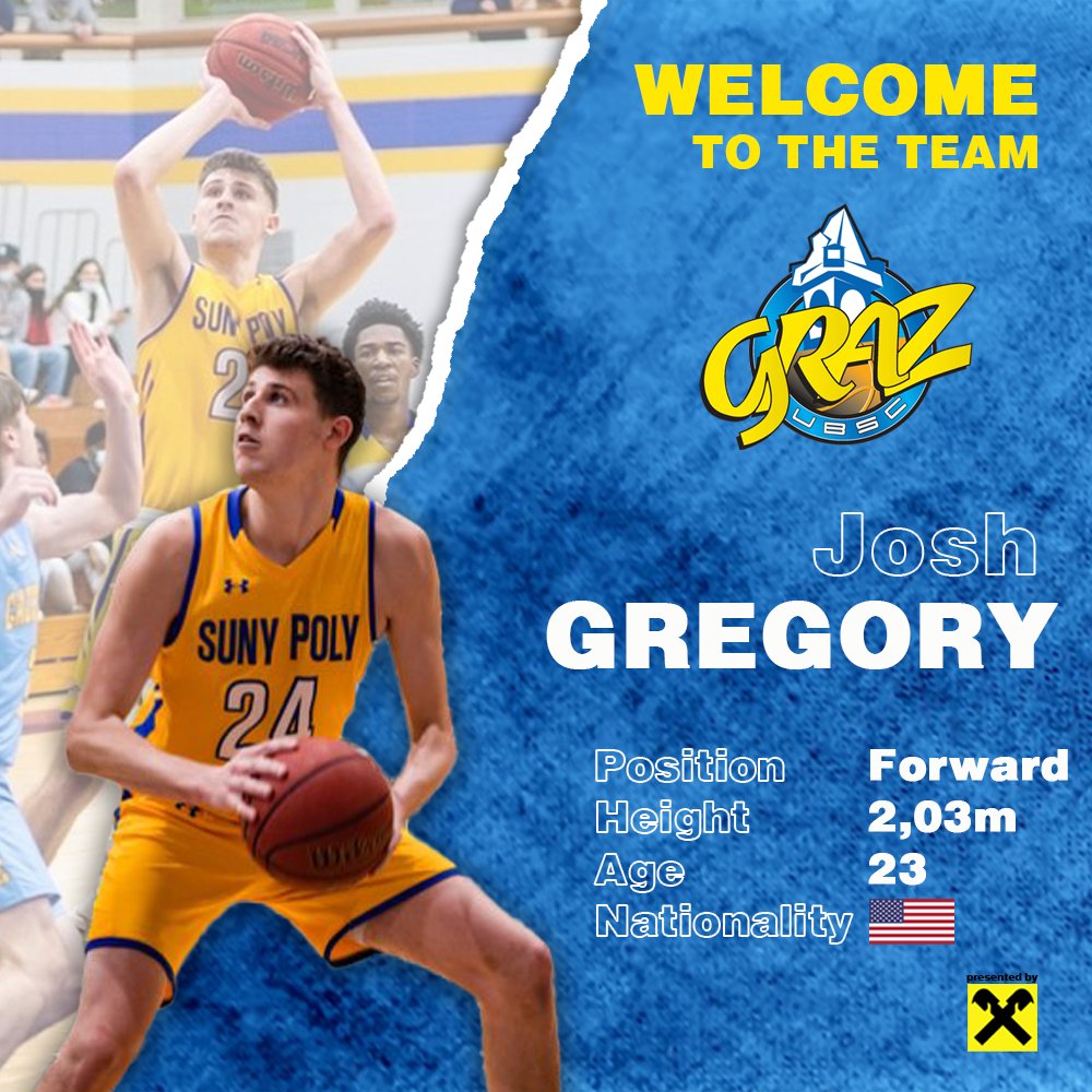 UBSCGraz's tweet photo. Josh Gregory wird Grazer! 🆒

Der UBSC Raiffeisen Graz verpflichtet den wurf- und reboundstarken Josh Gregory. In der abgelaufenen Saison konnte der 🇺🇸 bei @SUNYPolyMBB starke 21,6 Punkte und 9,6 Rebounds im Schnitt erzielen. 

Welcome @Joshgreg24! 😎

#ubscgraz #togetherforGraz https://t.co/oWDxiWJdmz