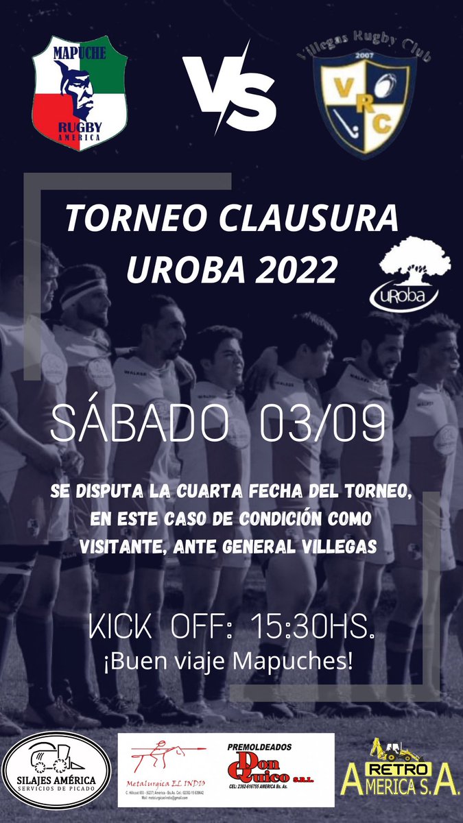 MapucheRugby's tweet photo. Este Sábado 03/09 se viene un encuentro digno de ver. Ante un rival al cual respetamos mucho. Nuestro rival será Villegas, quien jugará de local en la misma.

Les deseamos un excelente viaje y buena jornada la del día de hoy.

#VAMOSLOSPIBES https://t.co/aIQkwXnuEJ