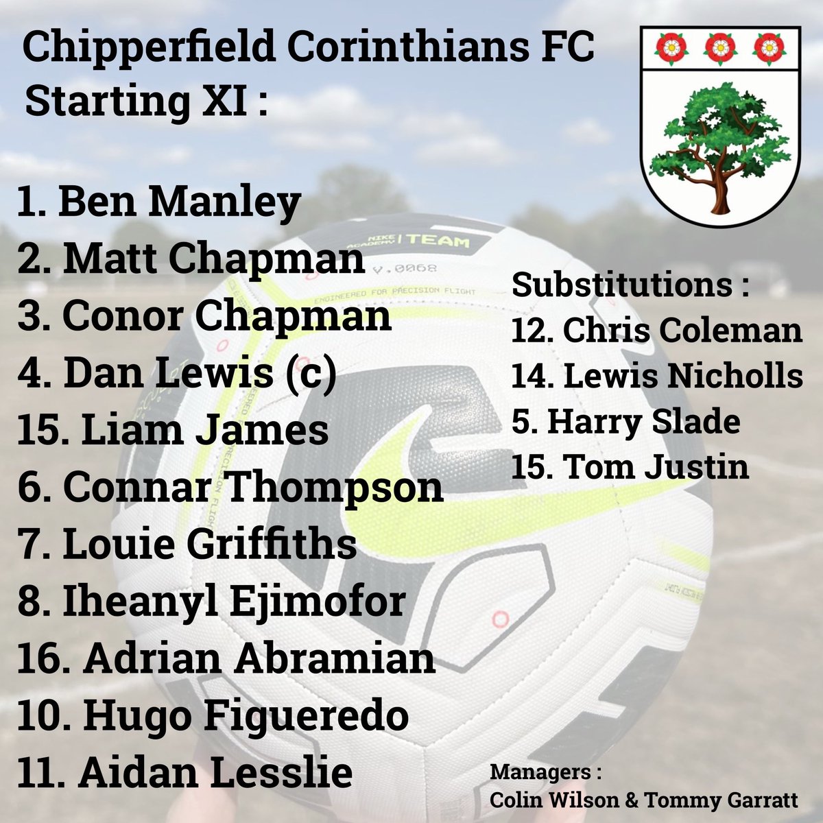 ChipCorinthians's tweet photo. LINE UP 

Here’s our starting team today in our league game at home to @ColneyHeathFC 🔴⚫️

#CHICOL https://t.co/hQa4p9DIPR