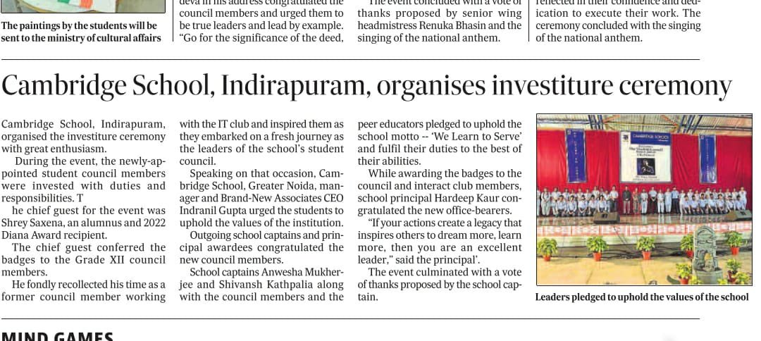 Our Director, Shrey Saxena was invited as Chief Guest at Cambridge School Indirapuram for its investiture’s ceremony.