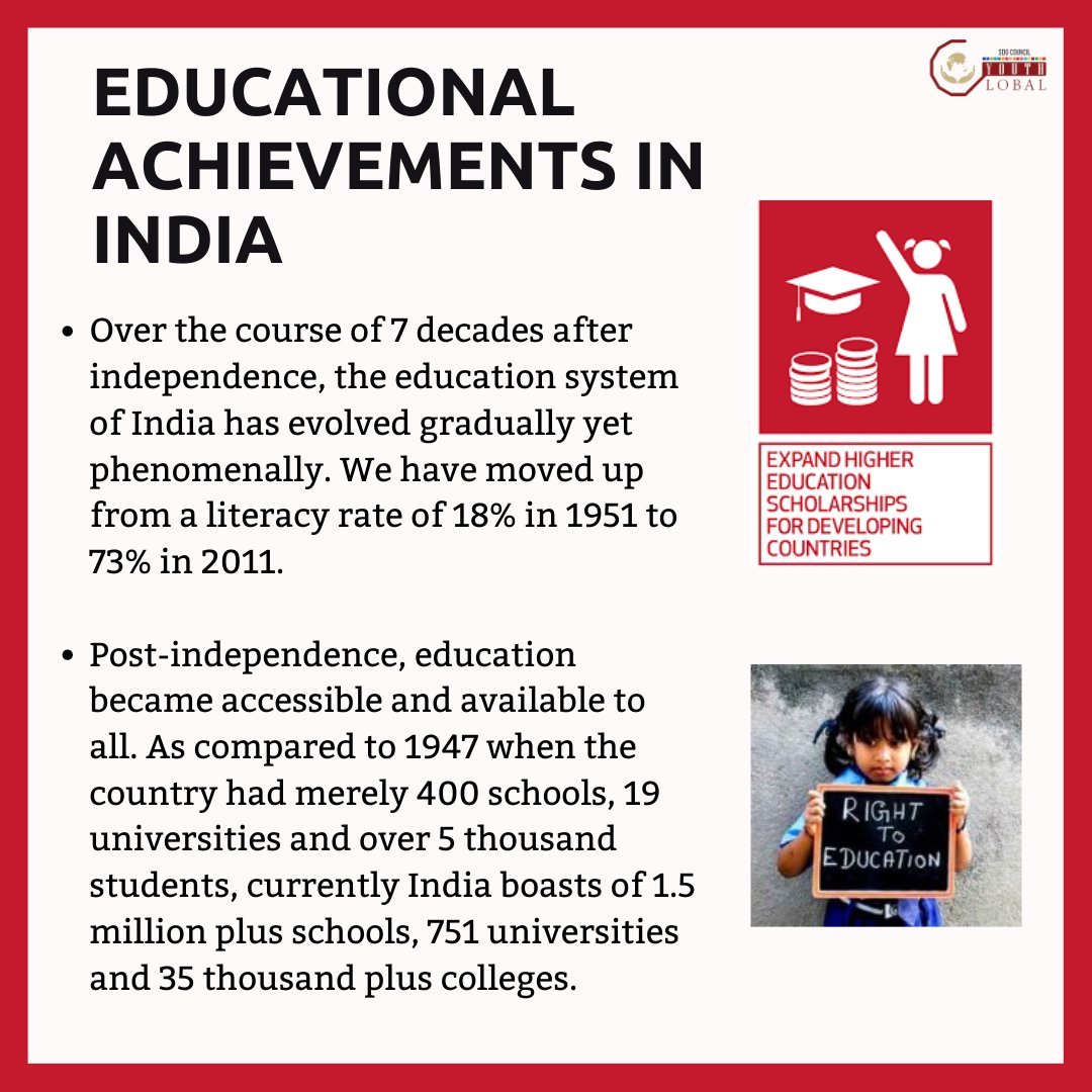 GoalsCouncil's tweet photo. India is celebrating 75 years of its Independence under the aegis of Azadi ka Amrit Mahotsav. The prospects of education have improved since independence, with some challenges to overcome. 
#azadi#azadikaamritmahotsav#sdg#sustainable https://t.co/56023kzmnL
