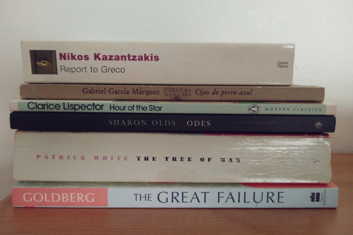 DannydeOliveir8's tweet photo. September holiday book haul! 📚

*Kazantzakis' REPORT TO GRECO 
*G.G. Márques' early short stories in Spanish, OJOS DE PERRO AZUL
*Lispector's HOUR OF THE STAR
*Sharon Olds' ODES
*Patrick White's THE TREE OF MAN
*Natalie Goldberg's THE GREAT FAILURE: MY UNEXPECTED PATH TO TRUTH https://t.co/ylgNM5S8S1