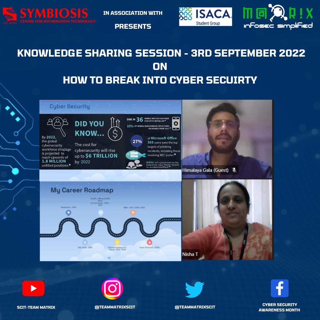 teammatrixSCIT's tweet photo. Team Matrix in association with
ISACA Student Group extends sincere thanks to Mr.Himalaya Gala, IT Assurance Team, Grant Thornton for delivering a
knowledge sharing session on
"How to break into cybersecurity”.
#TeamMatrix #MBA #MBAITBM #KSS #SCIT https://t.co/tscZvSZCRk