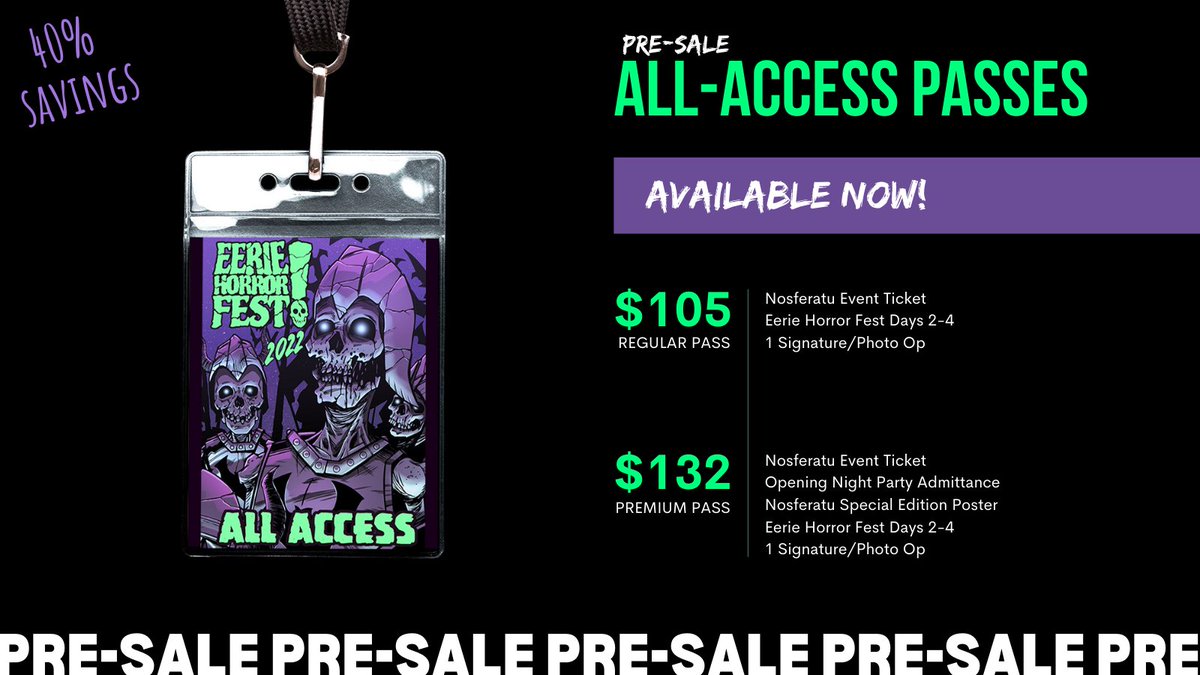 EerieHorrorFest's tweet photo. September 13th is your last chance to get your All-Access and All-Access Premium Passes at our pre-sale price!

Save 40% by buying these passes at our pre-sale price!

To purchase your All-Access and All-Access Premium Passes go to https://t.co/q50GhRJV6j 

#Eerie22 https://t.co/hezgHxu8qN
