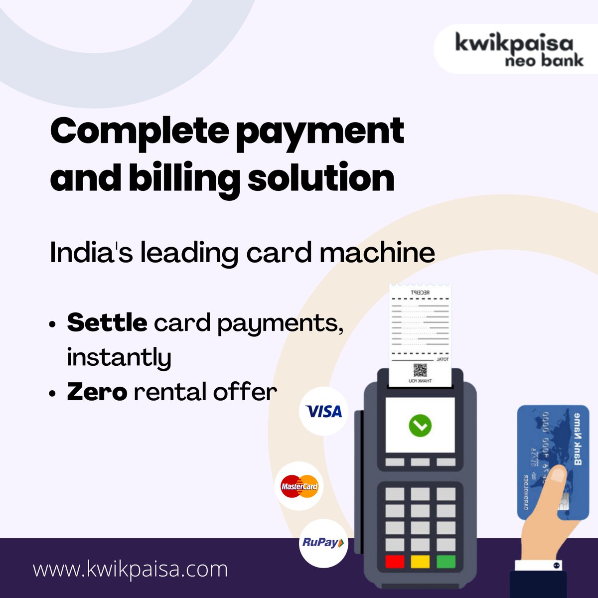 kwikpaisabank's tweet photo. Make your offline payment more convenient with KwikPaisa NEO Bank's ZERO rental card swipe machine. 

#zerorental #cardswipemachine #offlinepayment #kwikpaisa #oonepe #fintech https://t.co/m1KBjo51EI