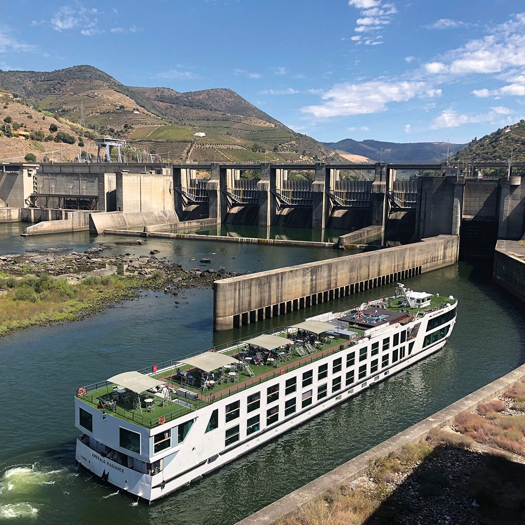Check out Emerald Radiance as she prepares to conquer the Régua Dam on the Duoro River. Construction began in 1965 and was completed in 1973, and the dam offers our guests one of the more unique ways to traverse the rivers of Europe.