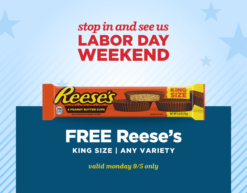 duchessshoppe's tweet photo. Members Stop in and see us this Labor Day! On Monday only, receive a FREE Reese's King Size! https://t.co/6skQToxXn0