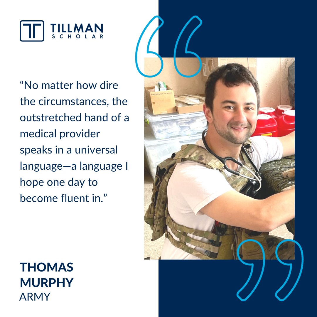 pattillmanfnd's tweet photo. “No matter how dire the circumstances, the outstretched hand of a medical provider speaks in a universal language—a language I hope one day to become fluent in.”
Meet 2022 Tillman Scholar Thomas Murphy & the 2022 class of scholars: https://t.co/wIFjdPpsVj
#60DaysofScholars https://t.co/c1GOp9AOGV