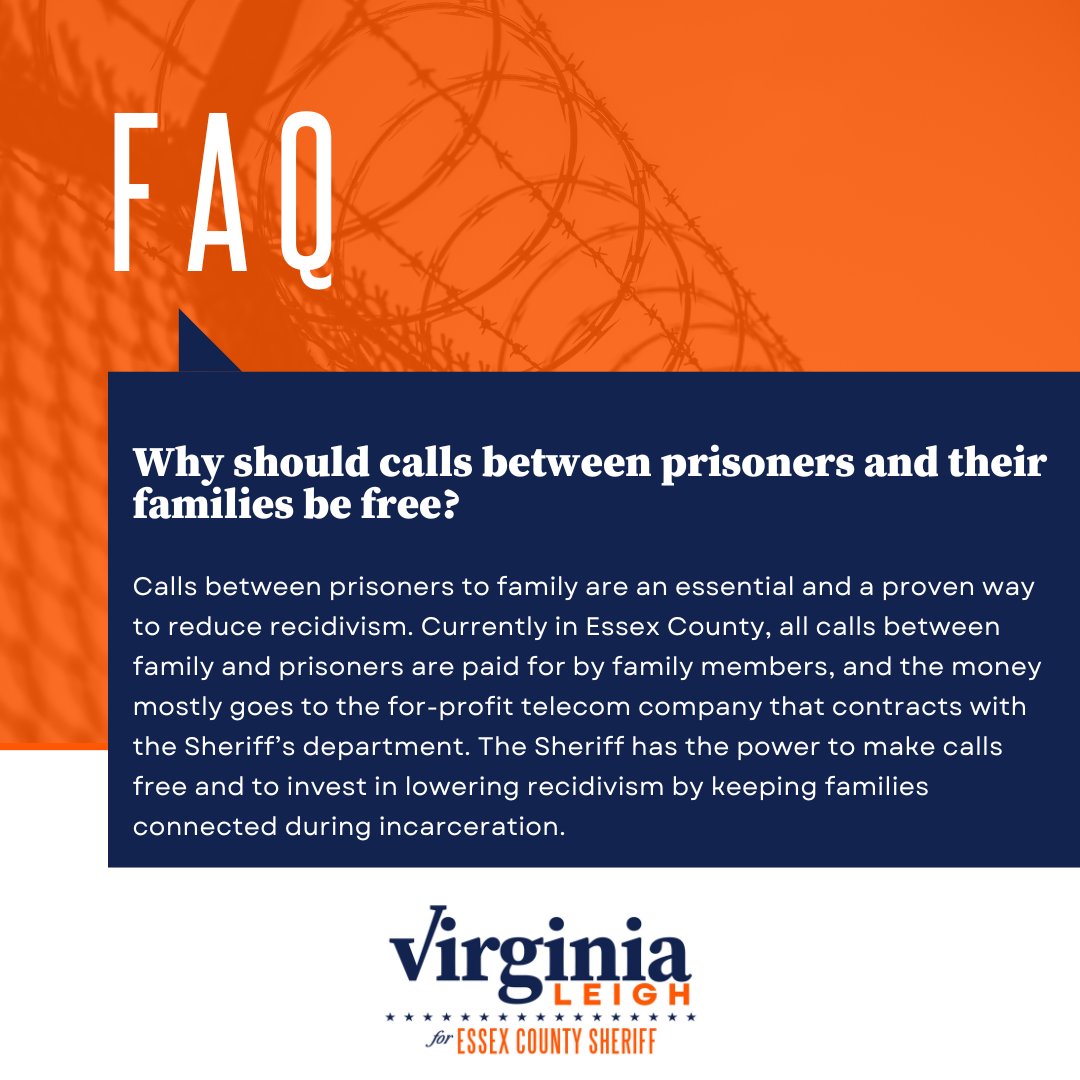I get asked a lot about #NoCostCalls, and the #1 reason I support it and will immediately stop charging for calls if I am to be elected Sheriff is that family connection reduces recidivism. #VoteVirginiaLeigh #mapoli #ADifferentKindofSheriff