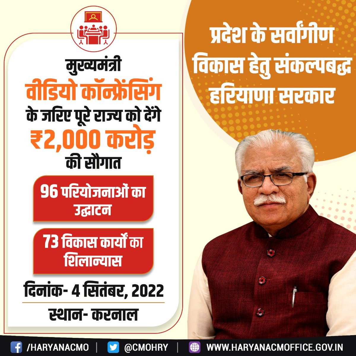 cmohry's tweet photo. मुख्यमंत्री श्री @mlkhattar कल 4 सितंबर, 2022 को वीडियो कॉन्फ्रेंसिंग के माध्यम से प्रदेश के विभिन्न जिलों को ₹2,000 करोड़ के विकास कार्यों की बड़ी सौगात देंगे।

इसमें 96 परियोजनाओं का उद्घाटन तथा 73 विकास परियोजनाओं का शिलान्यास शामिल है। https://t.co/XiUo8CEaqQ