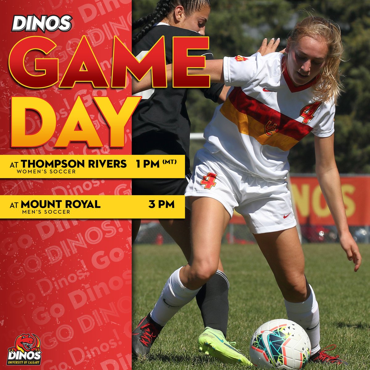UCDinos's tweet photo. 𝗚𝗔𝗠𝗘 𝗗𝗔𝗬!

@DinosWSOC opens their season in BC, while @DinosMSOC plays the first #CrowchildClassic match of the year!

#GoDinos https://t.co/hGW271IH7V