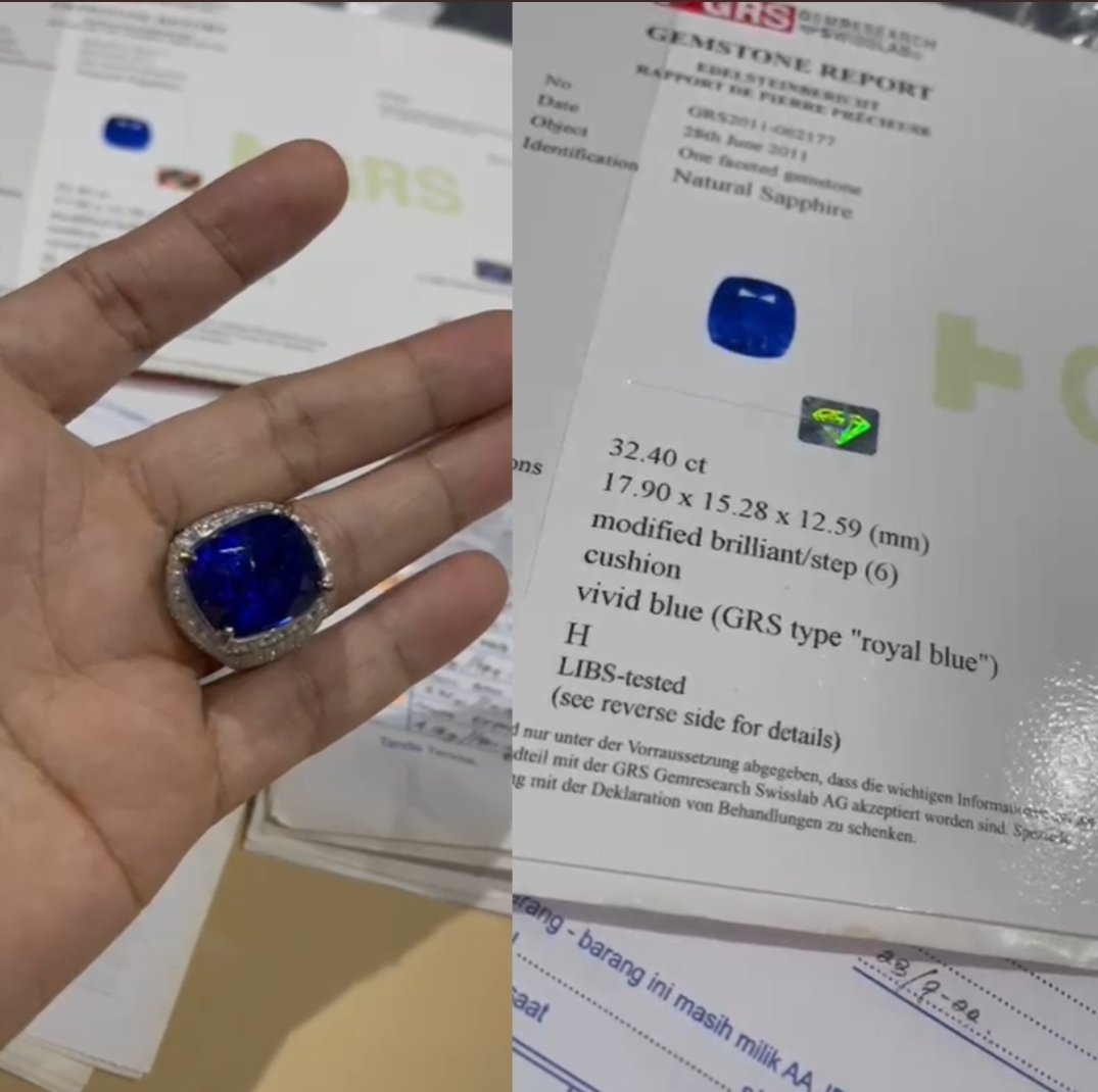 Wah ada lagi nih. Nitizen memang benar2 jeli. cincin berlian Royale Blue Shafire sertifikat GRS Dublin harga 1,2 M. Nah klo yang dipakai Dirpitdum kurang paham apa berlian ato bukan ?