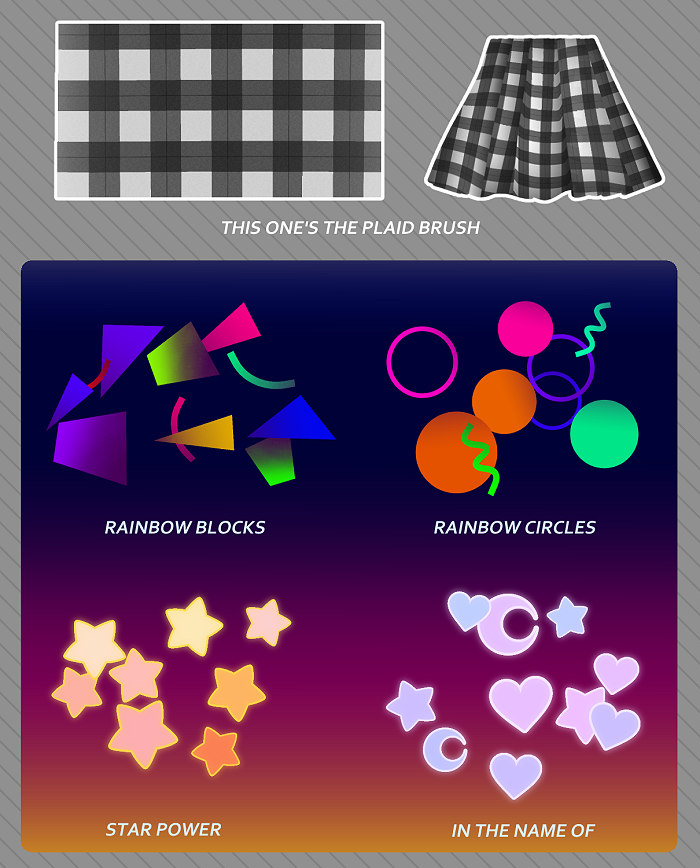 The belated brush set is now up! Plaid and an encore of multi-color shape stamp brushes. Free, Clip Studio only, etc etc. Link in the next post below:
