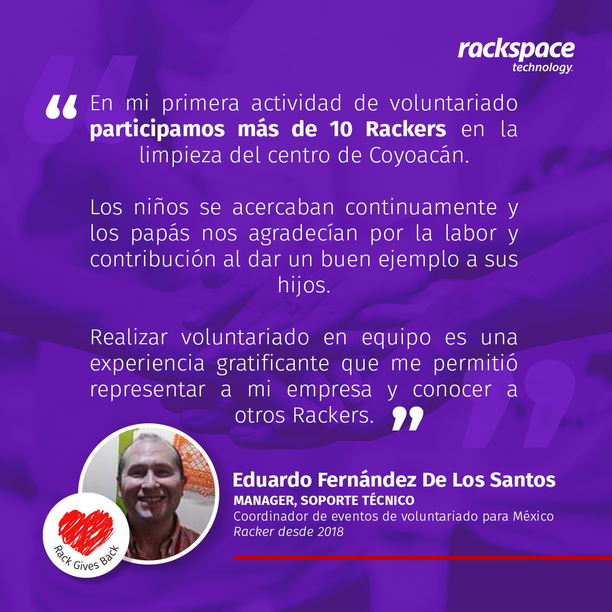Rackspace_LATAM's tweet photo. Devolverle a la comunidad es parte del ADN de Rackspace Technology, y nuestro programa de voluntariado #RackGivesBack nos permite devolver y compartir el Fanatical Experience™ con amigos, familiares y nuestra comunidad.
#Voluntariado #RackerLife #Volunteer #RackGivesBack https://t.co/299jTpDs9c