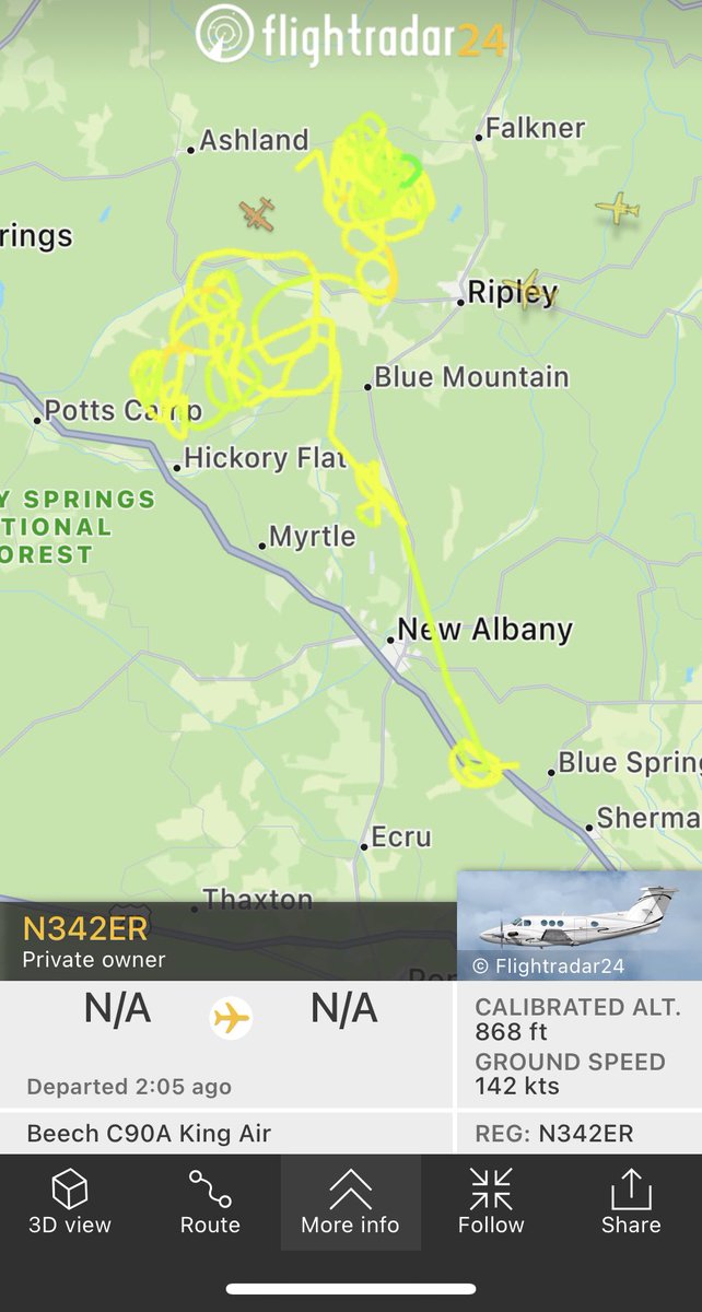 jamesaydelott's tweet photo. Mississippi plane no longer showing up in flight tracking software. Last ping was 30 miles NW of Tupelo. https://t.co/JJb5eM5YJW