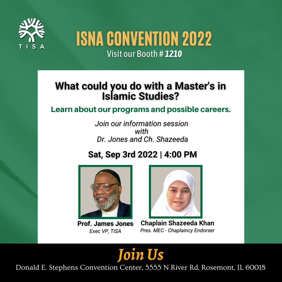 ISeminaryofA's tweet photo. TODAY at ISNA Convention 2022. Learn about our programs and possible careers. Visit our Booth # 1210.
#ISNA59 #chicagomuslimcommunity #chicagomuslims https://t.co/Bjvm9RVDjS
