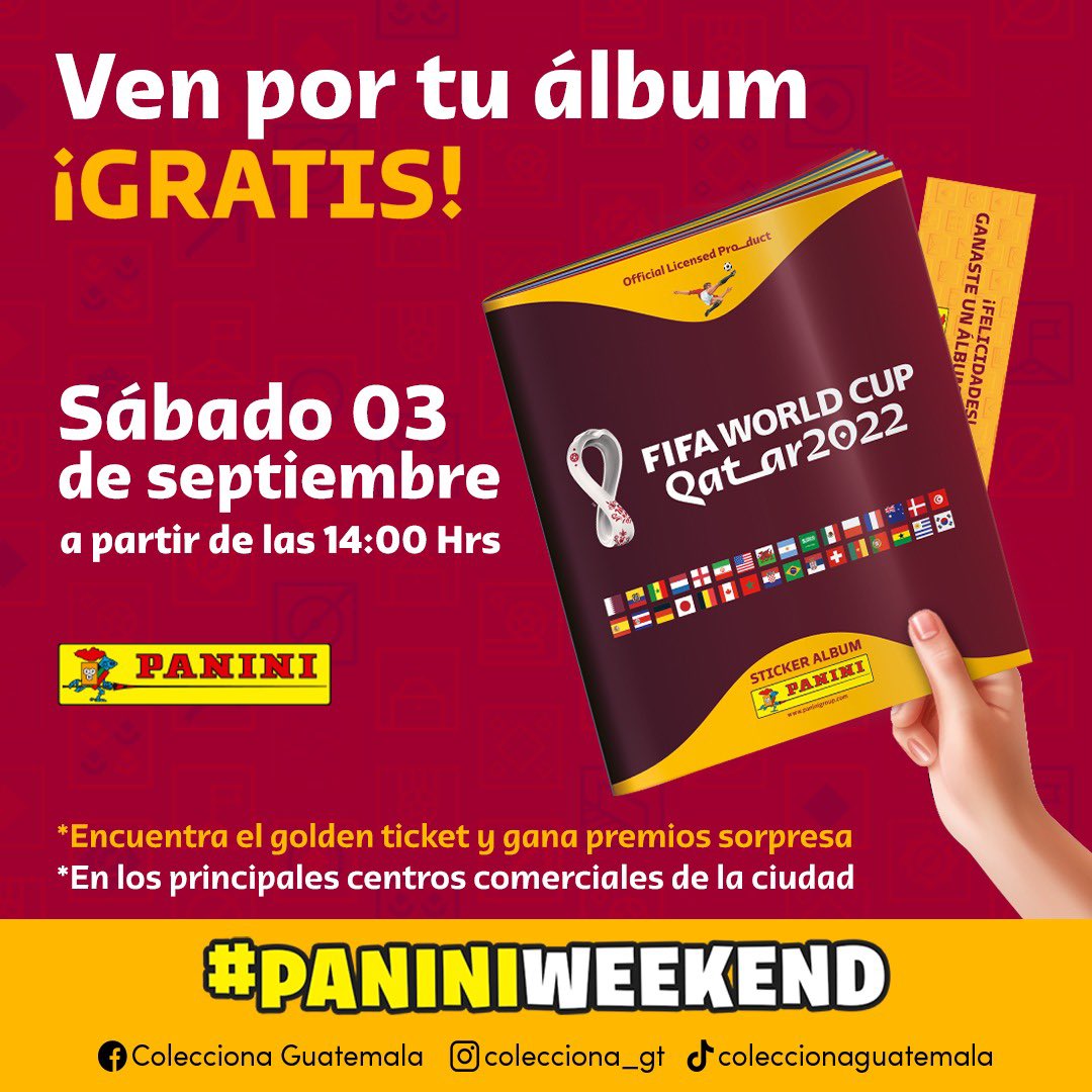 futbolerosgt's tweet photo. HOY ES EL #PaniniWeekend 🚨
Estaremos desde las 14:00 entregando álbumes GRATIS en los Centros Comerciales del listado.
Tu álbum podría venir con un GOLDEN TICKET que tiene premio INSTANTÁNEO.
Te esperamos 🎉 https://t.co/SmrrKcqBsV