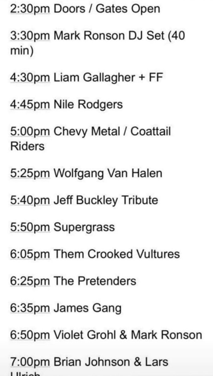 FooFightersUK's tweet photo. Here’s todays running order.

Welcome back @crookedvultures 

#taylorhawkinstribute https://t.co/UvGJXpGChu