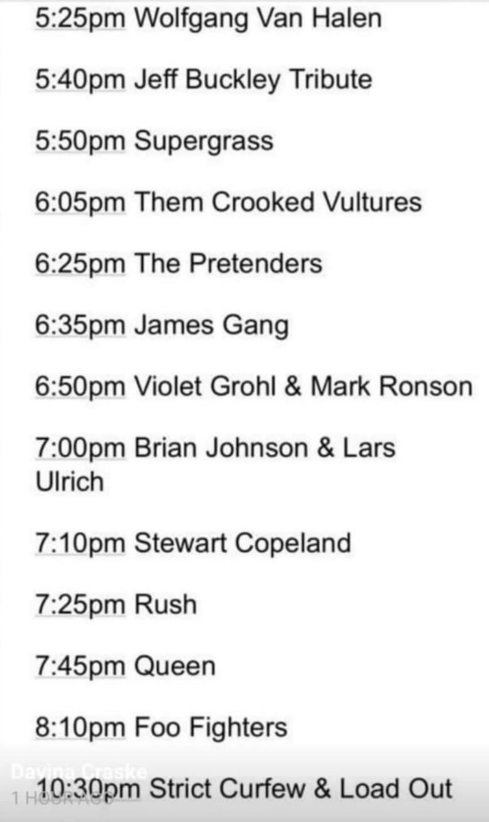 Here’s todays running order.

Welcome back <a href="/crookedvultures/">ThemCrookedVultures</a> 

#taylorhawkinstribute