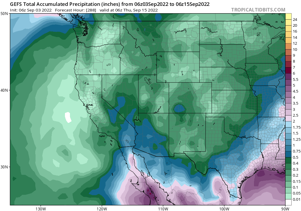 Weather_West's tweet image. In addition to extreme/record heat risk (which will further increase into Mon/Tue after a slight lull), the long range models continue to hint at the potential for California to possibly be in the path of some remnant moisture from a former tropical storm in 7-10 days. (1/2)#CAwx
