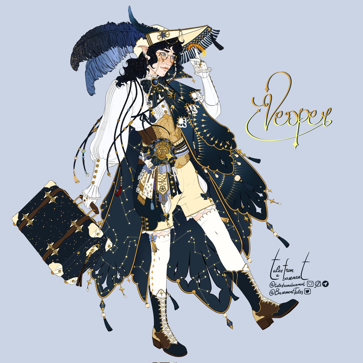 BasementTales's tweet photo. Finally introducing Vesper, my little star elf bard, on his way to steal your art, and ready to trade a song for a drink. ✨

#DnD #DnDcharacter #oc #originalcharacter #dungeonsanddragons #elf https://t.co/yUifKO1Scl