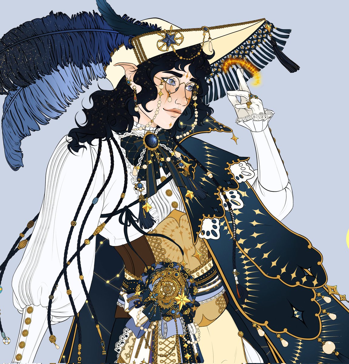 BasementTales's tweet photo. Finally introducing Vesper, my little star elf bard, on his way to steal your art, and ready to trade a song for a drink. ✨

#DnD #DnDcharacter #oc #originalcharacter #dungeonsanddragons #elf https://t.co/yUifKO1Scl