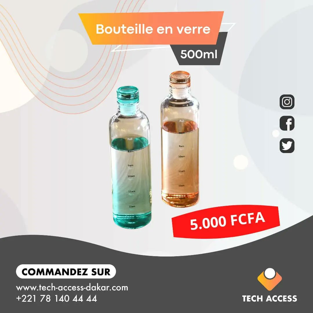 tech_access_dkr's tweet photo. Bouteille en verre 500ml

❗5000 F CFA ❗

Disponible en :

° Orange 
° Vert 
° Bleu 
° Transparent 

Commandez directement sur le site Web ou contactez nous au 78140 44 44.

#techaccess #Dakar #Senegal 
#accessoires #bouteille #bouteilleenverre #contenant https://t.co/PP9Efho3j5