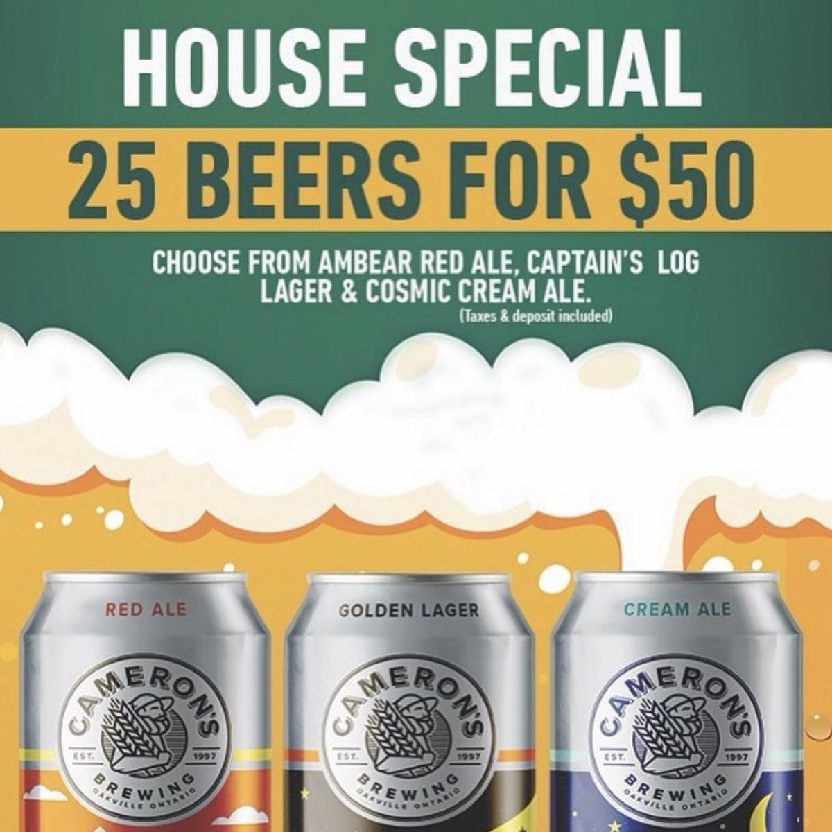 Still need to stock up for the long weekend? Pick up our 25 for $50 House Special deal! Choose from our Award Winning Classics: Captain’s Log Lager, Ambear Red Ale or Cosmic Cream Ale.
We’re open Saturday &amp; Sunday 10-5pm and will be closed Monday for Labour Day. Cheers!🍻🍻