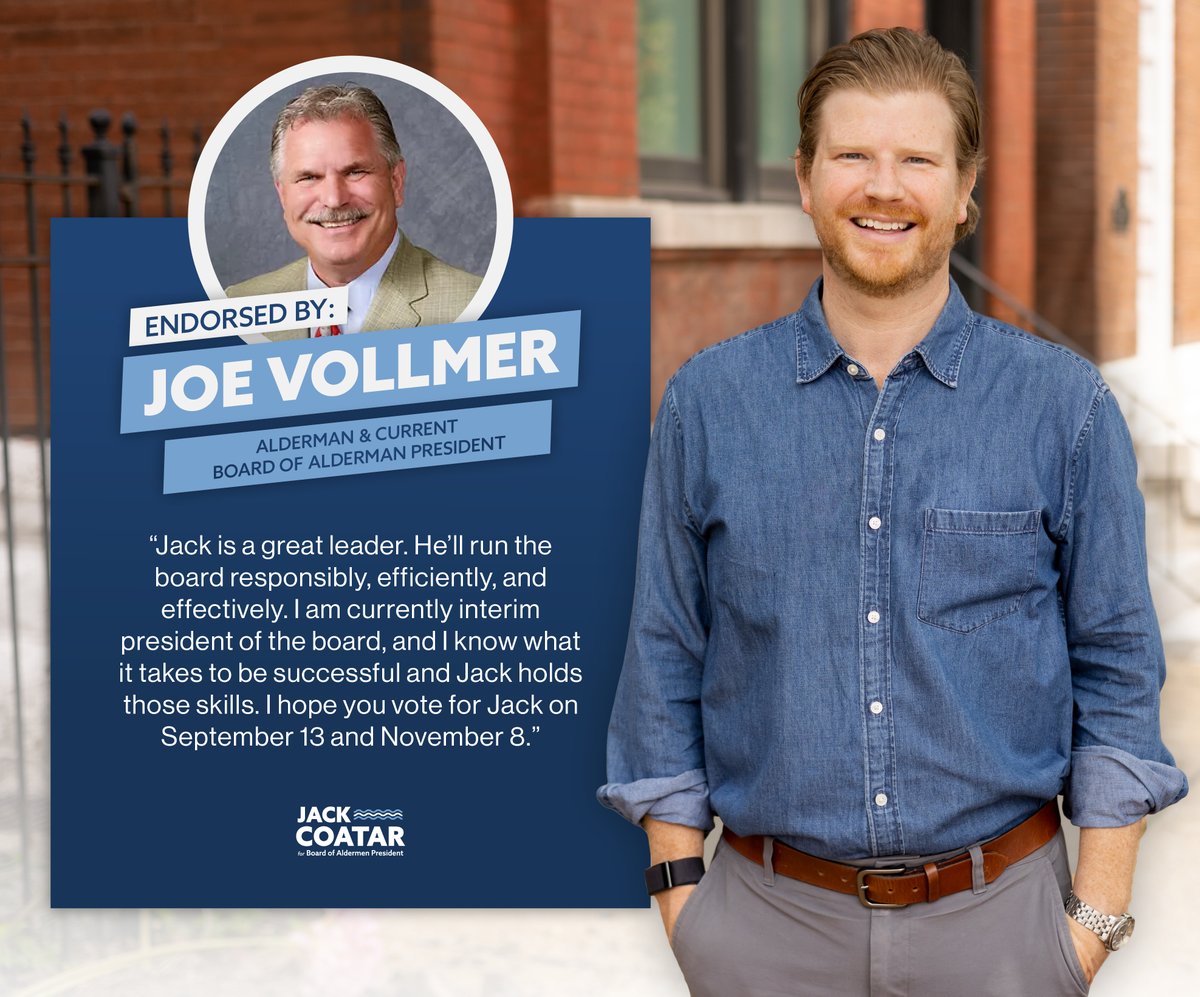 JackCoatar's tweet photo. Alderman Vollmer has done a great job creating an effective and productive Board since he took over as interim president. Honored to earn his endorsement so we can turn the board into a productive place to get the business of the City done. https://t.co/unewBU1aqt