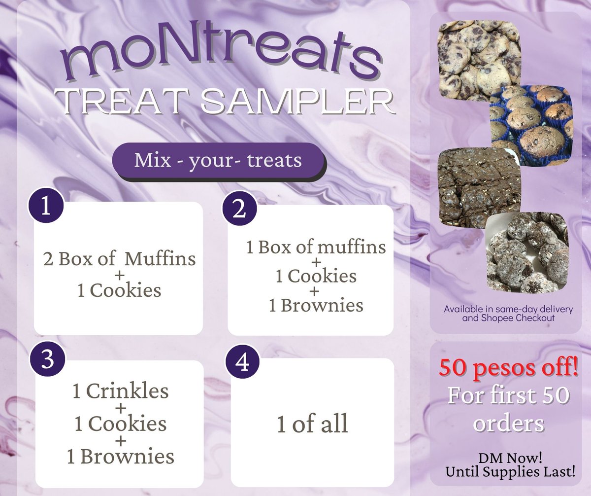 Wanna try our tasty products but can't decide what to get - our treat sampler would be the best start! Mini and Tiny treats are available in our sampler boxes! Bongga!
We also have our MIX-YOUR-TREATS! Choose your combi pack and get 50 pesos off! For the first 50 orders only! ♥