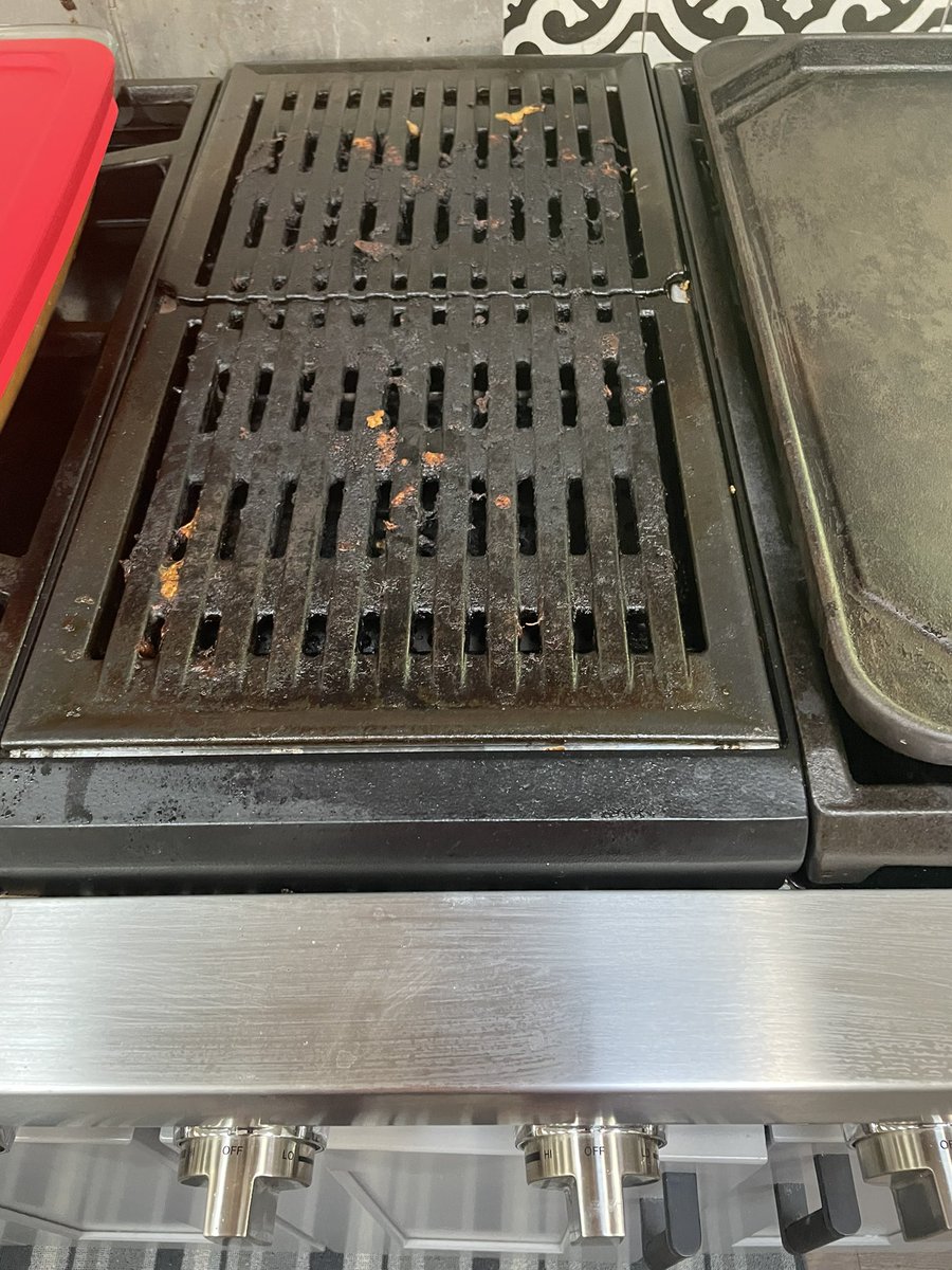 adamacpa's tweet photo. @Thermador what’s the heat tolerance of the grille grates here?? Have some heavy build up I’d like to “cook off” and when do you replace the flat stones that are underneath?? TIA! https://t.co/fZCUIoqEYV
