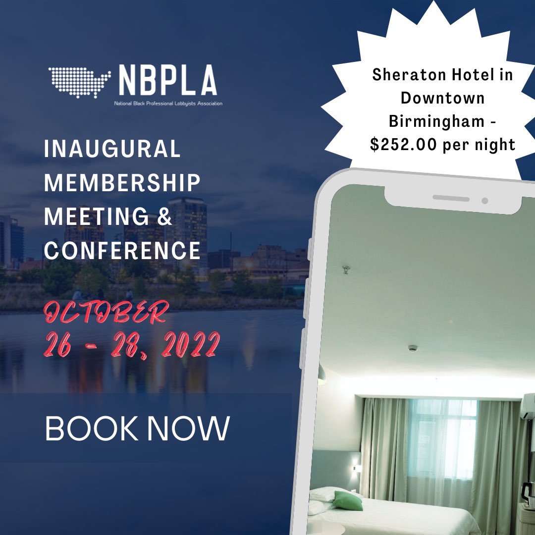 NBPLAorg's tweet photo. Have you booked your hotel room yet? We are days away from the NBPLA Inaugural Membership Meeting &amp; Conference.

To book your hotel room (Sheraton Hotel in Downtown Birmingham - $252.00 per night); https://t.co/gi63KYF6b7

Need any assistance? Don't hesitate to contact us! https://t.co/AH7xAdWXud