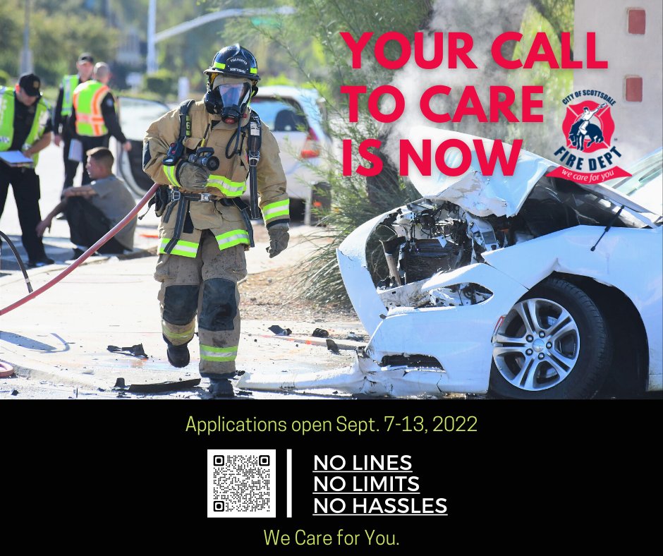 ScottsdaleFire's tweet photo. Applications for our latest recruitment opens on Sept. 7. Check this link on Tuesday for to access the app! https://t.co/eTg5Jd5O1l #WeCareForYou #CallToCare https://t.co/JMjc0t5HkA