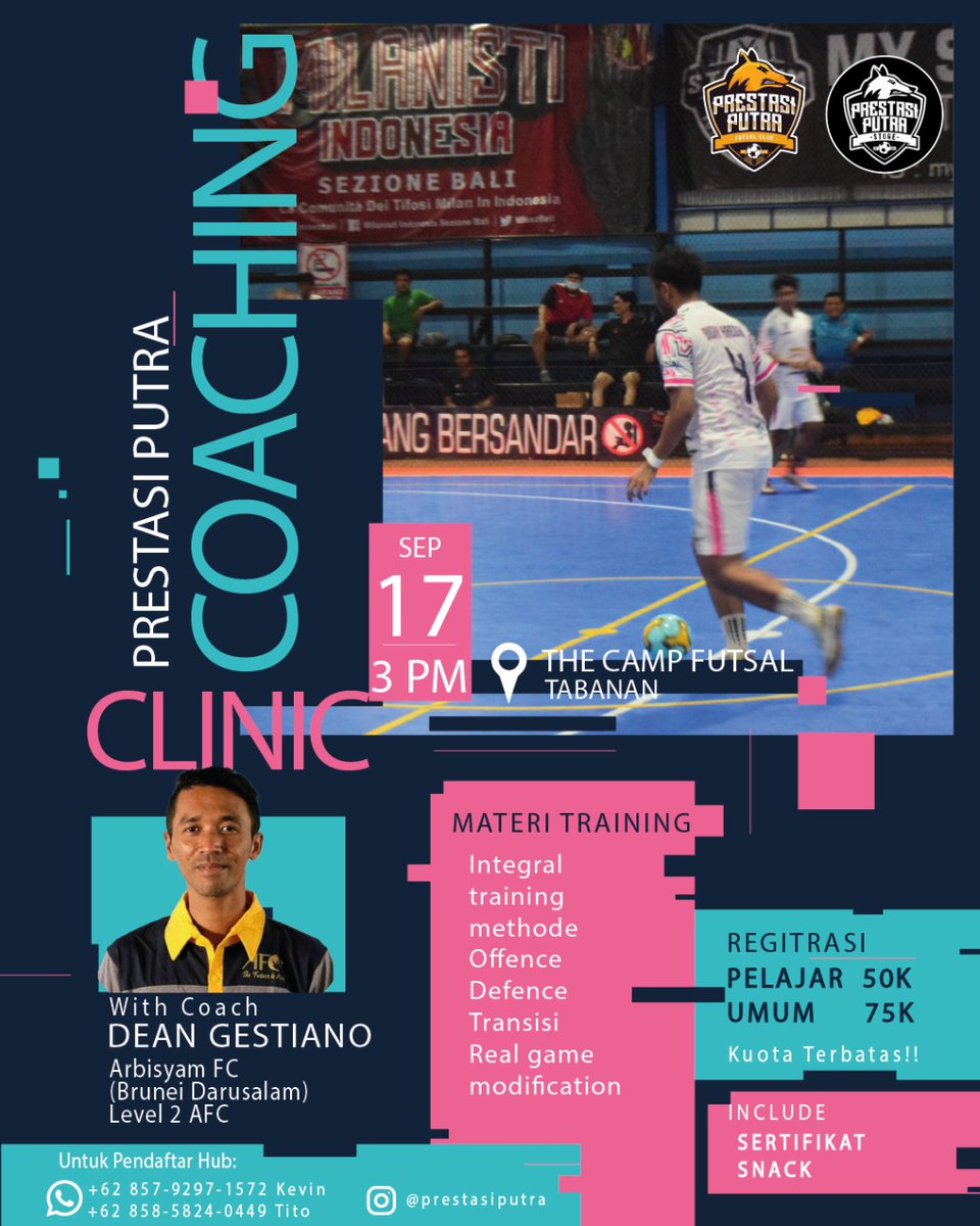 prestasiputra's tweet photo. Hai kawan-kawan futsal lovers tabanan
Kami ada kabar gembira buat kalian yg mau belajar banyak tentang futsal

Di latih langsung oleh Coach Dean Gestiano lvl 2 AFC

Buat yang mau daftar bisa hubungi whatsapp di nomer
0857 9297 1572 (Kevin)
0858 5824 0449 (Tito)

KUOTA TERBATAS!! https://t.co/UBV4Juuvtq