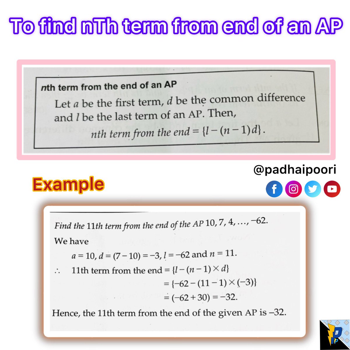 PadhaiPoori's tweet photo. Hello guys 
To find nth term from last 
Keep watching keep sharing keep supporting keep learning 
#padhaipoori #edupost #education #class10 #cbseclass10 #arithmeticprogression #ap #mathsisfun #mathstricks #viralpost #padhaipooriclass10 #class10maths https://t.co/bfvZnMBvp9