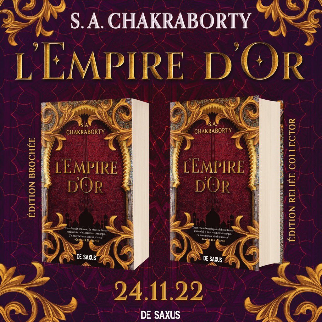 [ANNONCE] ”L’Empire d’Or”, troisième tome de la série Daevabad de S.A. Chakraborty, viendra réchauffer votre automne avec sa sortie le 24 novembre ! 🕌

Plus d’infos 👇🏼
instagram.com/p/CiDMEyxKVvr/