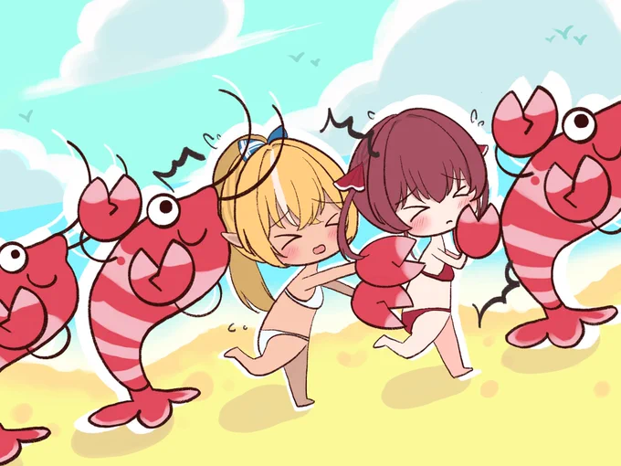 エビたちにボコボコにされるマリン船長とフレアちゃん#マリン航海記  #マリンのお宝 #フレアストリーム  #しらぬえ 