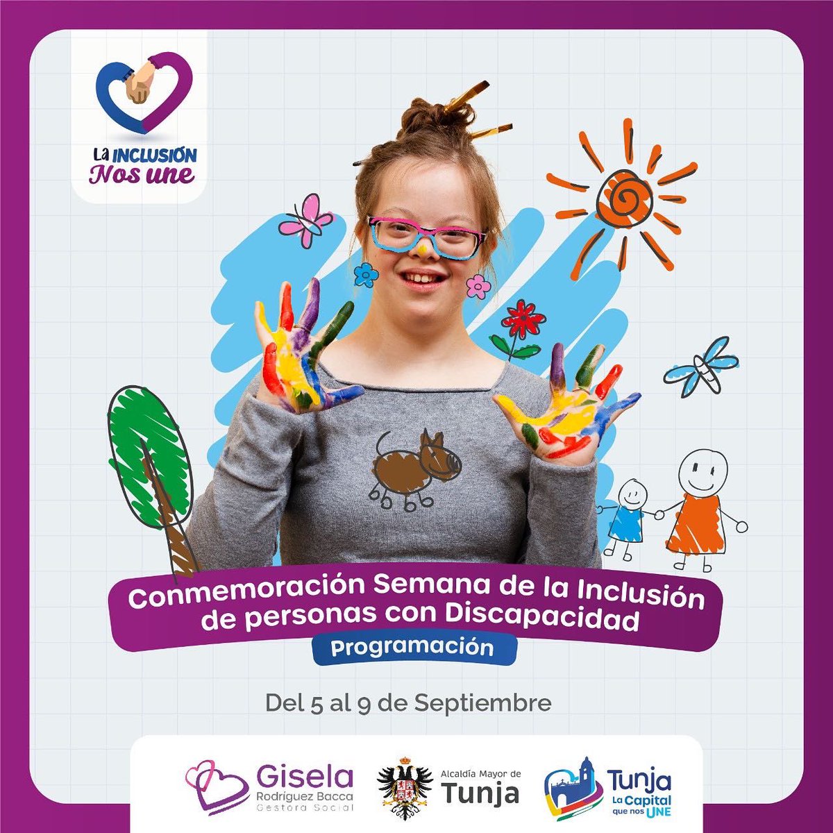GiselaRodrBacca's tweet photo. ¡Esta es la programación para la conmemoración de la Semana de la Inclusión de Personas con Discapacidad en Tunja! 💜👩‍🦼👨‍🦯😎

Tendremos actividades artísticas 🎨, culturales 🎶, académicas 🧑🏽‍💻, Feria de emprendimiento 🛍 y más. 

Los esperamos en familia del 5 al 9 de septiembre🫶🏻 https://t.co/2drw5rmxmZ