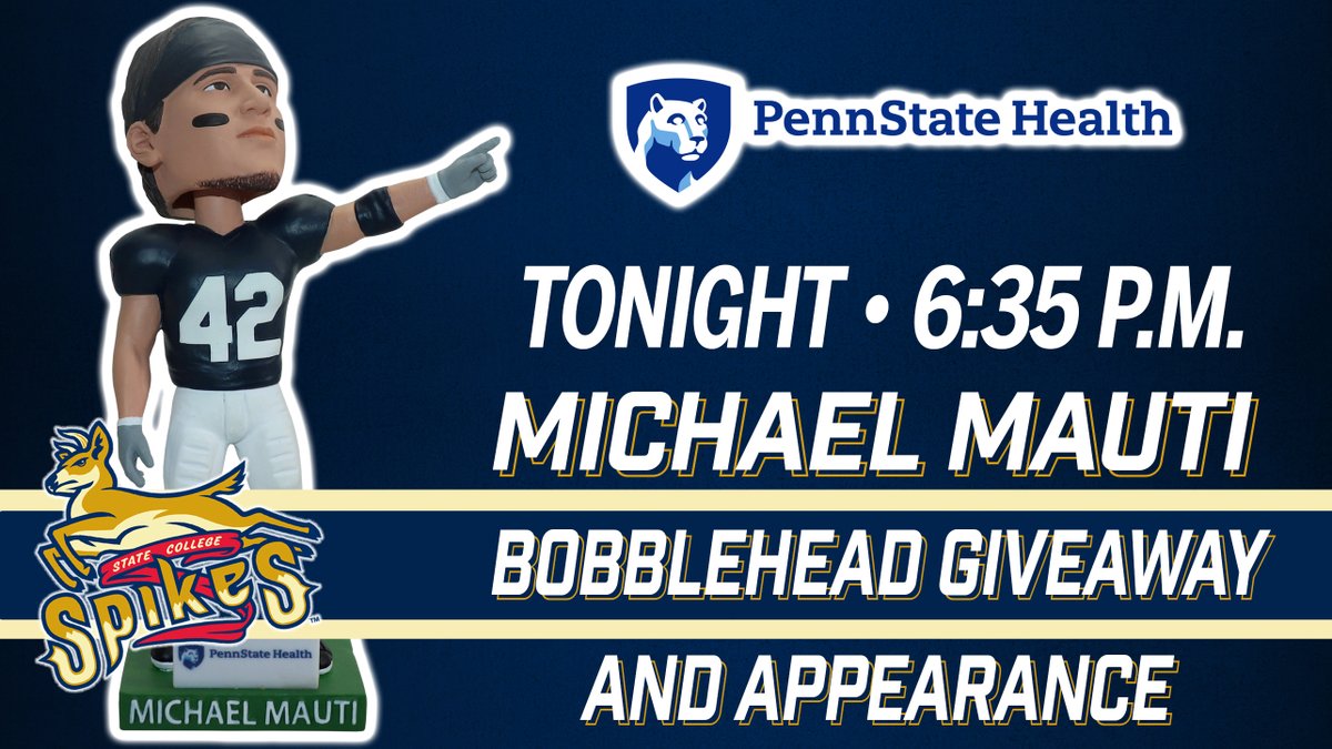 SCSpikes's tweet photo. TONIGHT! Be one of the first 1,000 fans when gates open at 5:30 for the @Michael_Mauti Bobblehead pres. by Penn State Health! 

Plus, he'll be here tonight to meet &amp; greet fans, sign autographs and much more!

Tickets are available now at https://t.co/5qzOYxWffn https://t.co/nwGSoHXWZK