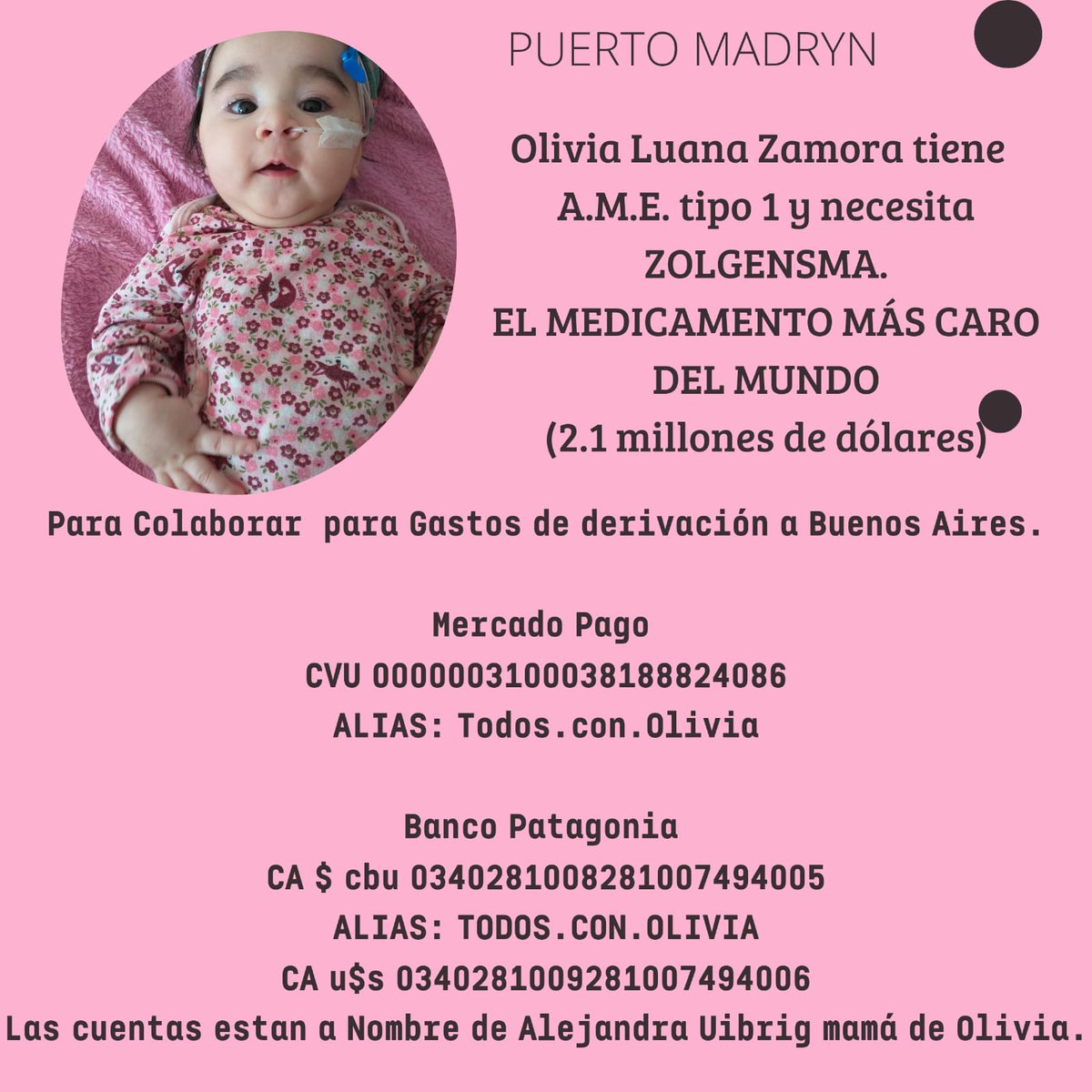 sanchezmaloso's tweet photo. Mi primita Olivia tiene un diagnóstico de A.M.E tipo 1 y necesita ZOLGENSMA, el medicamento más caro del mundo. En esta imagen están los números de cbu y alias de las cuentas bancarias para ayudar, si podes difundir te agradeceríamos un montón! Con un rt ya estás ayudando. https://t.co/12vML2nJI7